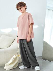 SHEIN Tween Boy Áo thun dệt kim dáng rộng cổ chữ V màu trơn phong cách Hàn Quốc giản dị - Hồng - Xem 4