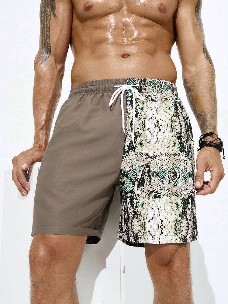 Men Vacation Contrast Color Printed Splice Drawstring Waist Beach Shorts