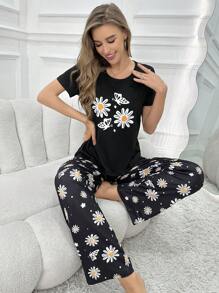 Cute Daisy Print Women Pajama Set Short Sleeve Top With Long Pants - Black - View 2