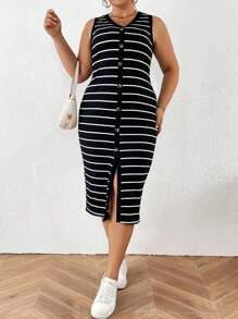 SHEIN Essnce Plus Size V-Neck Striped Print Slit Casual Sleeveless Dress, For Summer - Black - View 4
