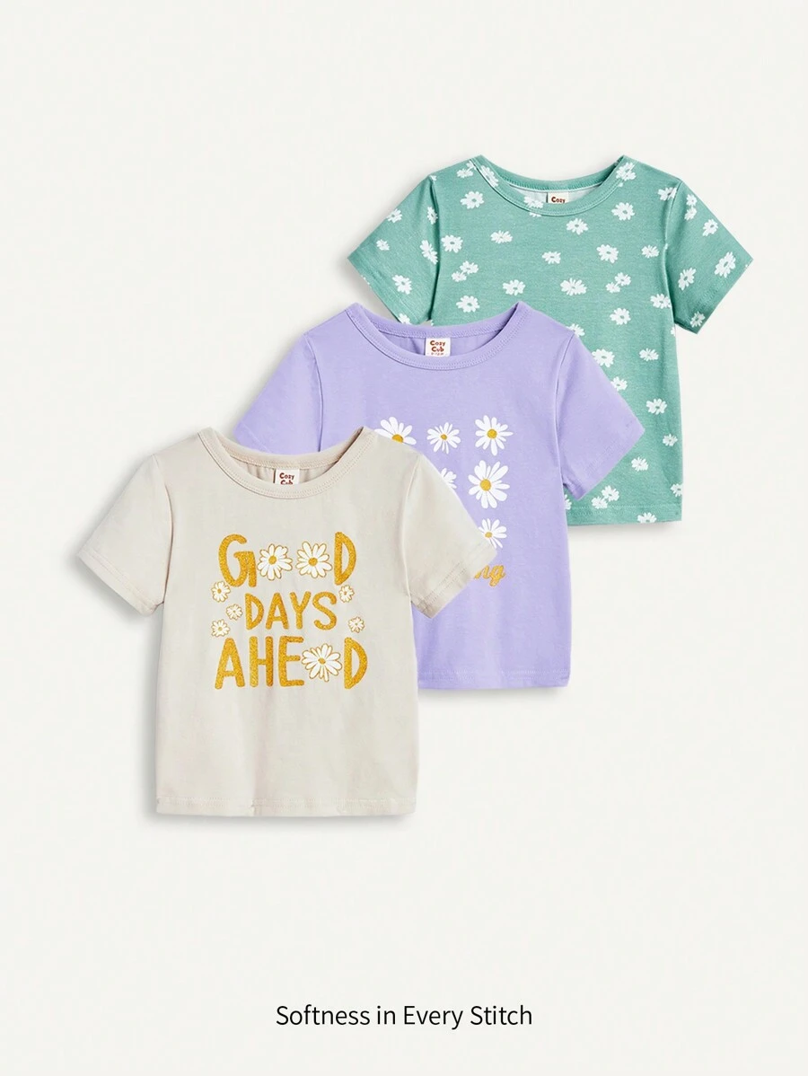 Cozy Pixies Baby Girl Floral Pattern Short Sleeve Round Neck Top 3pcs/Set - Purple - View 1