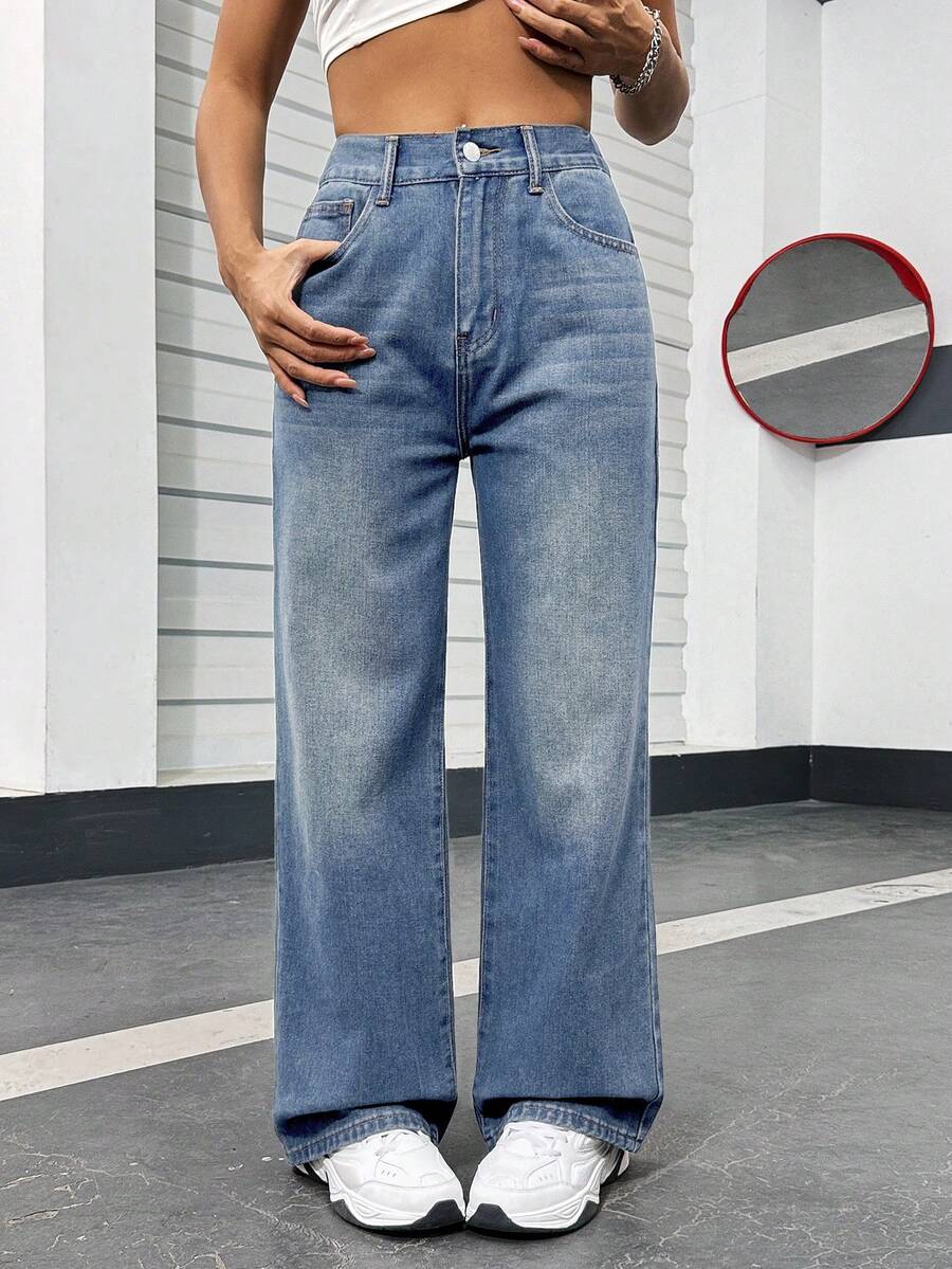 SHEIN PETITE Quần denim ống rộng dáng rộng dáng rộng cho nữ màu xanh - Rửa nhẹ - Xem 1