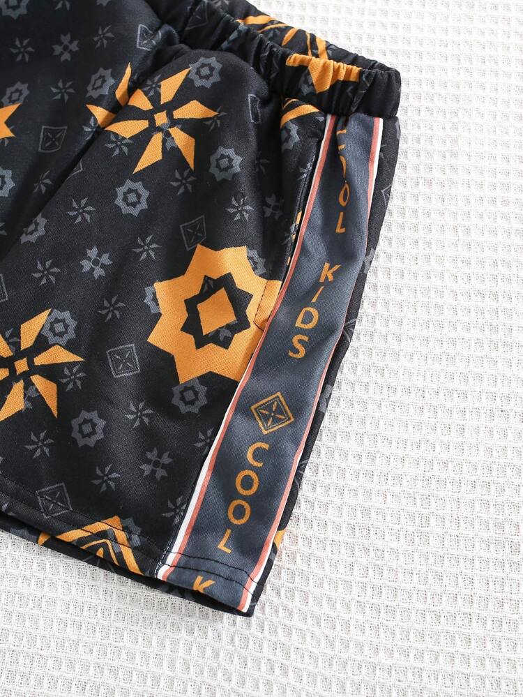 2pcs/Set Young Boys' Geometric Print Loose Short-Sleeve Polo Shirt And Shorts For Casual Streetwear, Spring & Summer