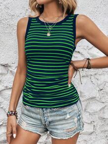 EMERY ROSE 夏季女款條紋對比色紋織修身坦克背心 - 橄欖綠 - 查看 4