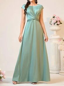 SHEIN Belle Vestito formale elegante per damigelle / laurea / sera verde salvia in raso taglia donna con spalle scoperte, fiocco incrociato sul petto e nastrini - Verde - Visualizzare 5