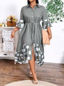 SHEIN Clasi Plus Size Spring Summer Casual Polka Dot Printed Patchwork Ruffle Hem Shirt Dress - Multicolor - View 1