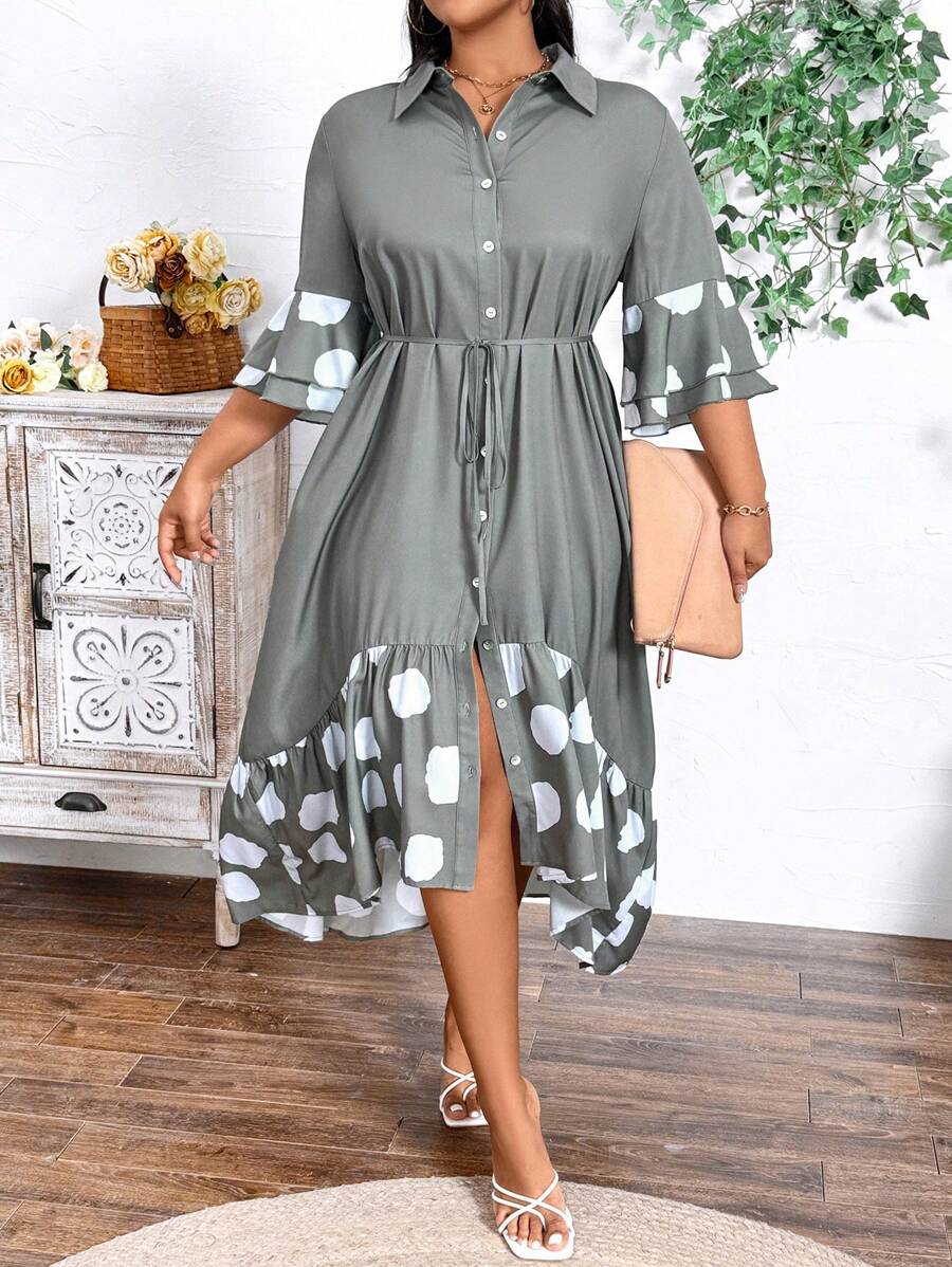 SHEIN Clasi Plus Size Spring Summer Casual Polka Dot Printed Patchwork Ruffle Hem Shirt Dress - Multicolor - View 1