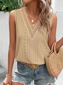 EMERY ROSE Spring Guipure Lace Panel Eyelet Embroidery Tank White Top - Khaki - View 7
