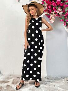 SHEIN Essnce Women's Summer Sleeveless Dot Print Dress Long O Neck Maxi With Big Pockets Casual Dress