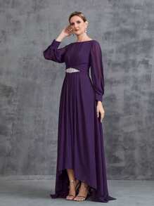 Women's Long Sleeve Rhinestone Decor Chiffon Party Dress - Purple - View 3