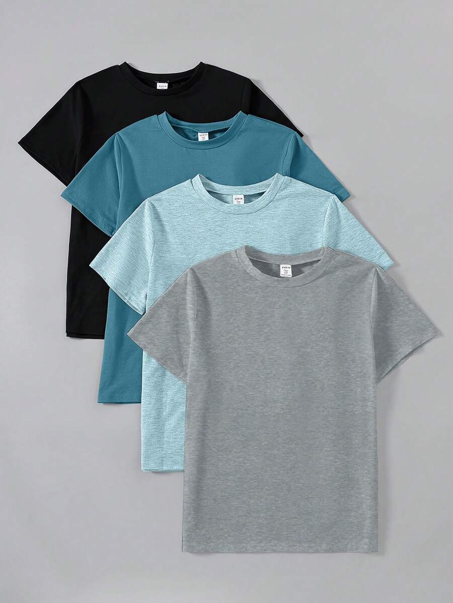 SHEIN 4pcs/Set Teen Boy Knitted Basic Resting Multicolor T-Shirt, School, Campus, College - Multicolor - View 1