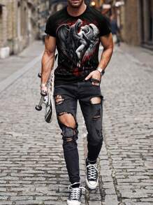 Áo thun nam tay ngắn họa tiết thiên thần và tối màu, thường ngày, mùa hè, dành cho Halloween - màu đen - Xem 3