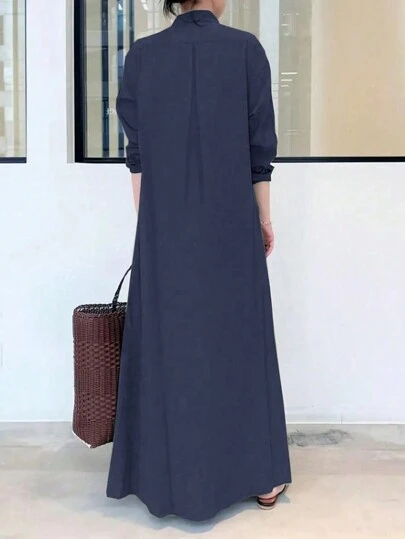 女士时尚纯色长袖衬衫裙，休闲春季优雅款