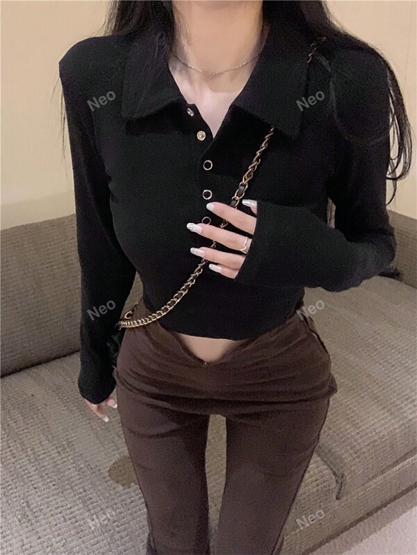 1pc Solid Color Polo Collar Slim Fit Short Long Sleeve T-Shirt, Casual For Spring And Autumn