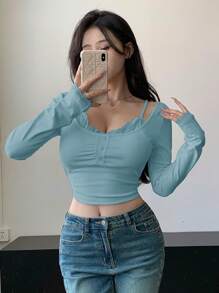 DAZY 女士蕾丝拼接长袖T恤，夏季性感露脐上衣 - 水鴨藍 - 查看 4