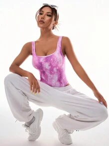 Gameset SHEIN Sport 女士时尚不对称印花运动紧身衣 - 粉色 - 查看 5