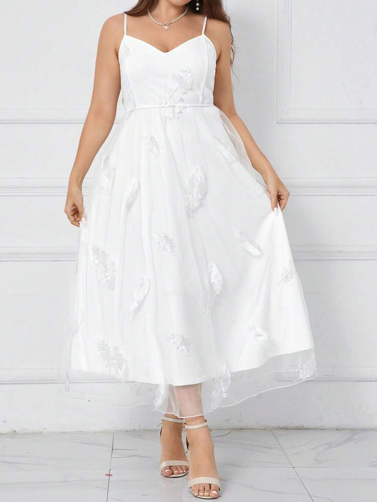 Plus Size Elegant Solid Color Feather Embroidery Mesh Cami Dress For Summer