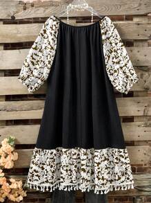 SHEIN LUNE Random Floral Print Plus Size Lantern Sleeve Dress With Ruffle Hem For Women, Spring/Summer
