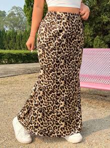 SHEIN EZwear Falda de talla grande con diseño de estampado de leopardo, larga con cola de pez y estilo vacacional - Multicolor - Ver 3
