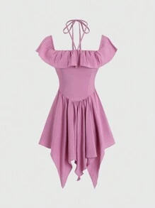 SHEIN Unity 夏季露背無袖褶皺不規則邊緣連衣裙，配蕾絲邊 - 紫色 - 查看 1