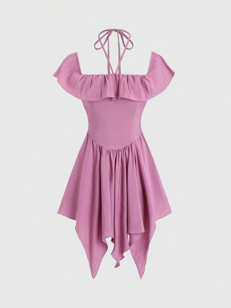 Summer Halter Solid Color Pleated Asymmetrical Hem Dress With Lace Border