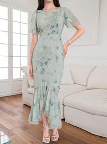 DAZY 复活节印花修身鱼尾连衣裙，前短后长 - 綠色 - 查看 5