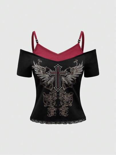 Goth T-shirt casual pour femmes avec dentelle contrastée, à porter au quotidien au printemps et en été, pour l'école