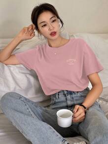 DAZY Summer Casual Short Sleeve T-Shirt With Letter Print - Baby Pink - View 4