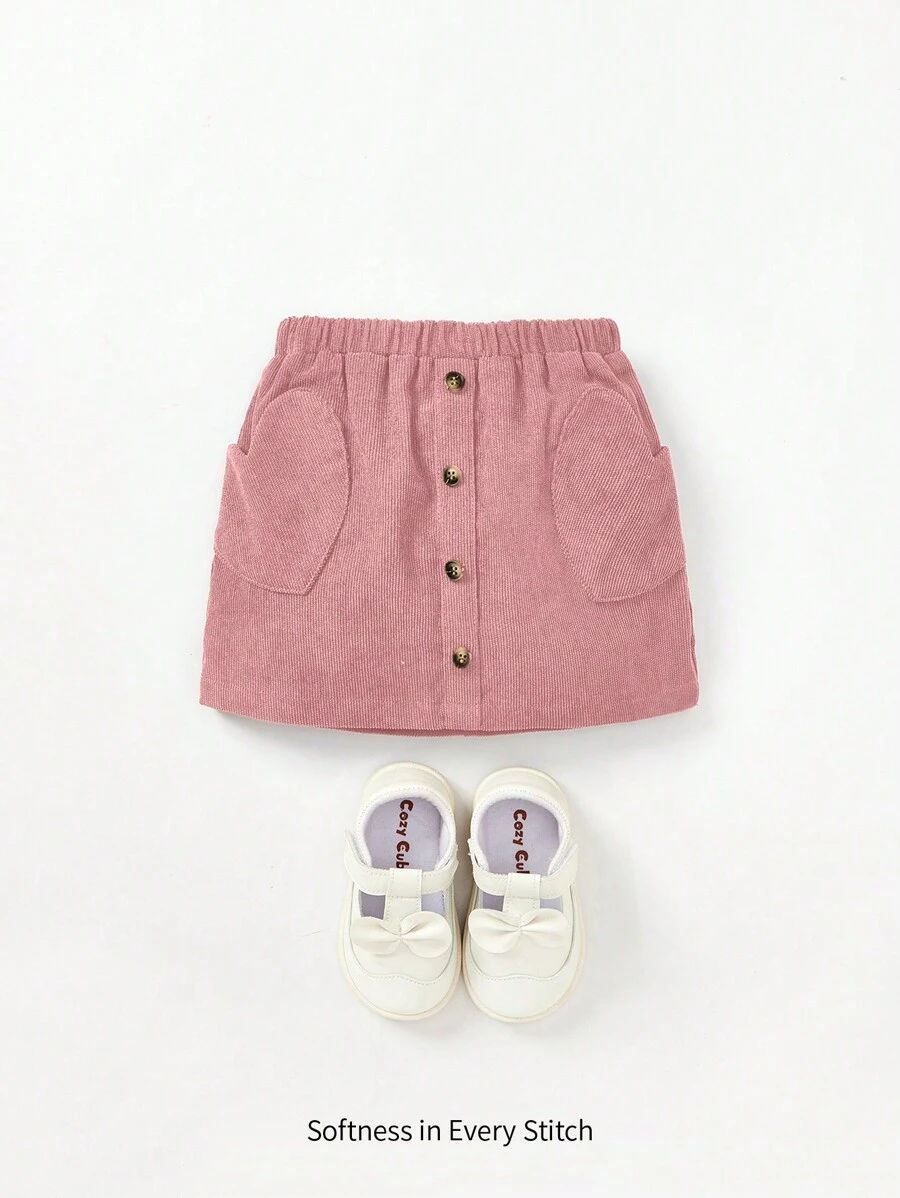 Cozy Pixies Baby Girl Skirt With Front Button Closure, Elastic Waistband And Pink Heart Shaped Pocket - Dusty Pink - View 1