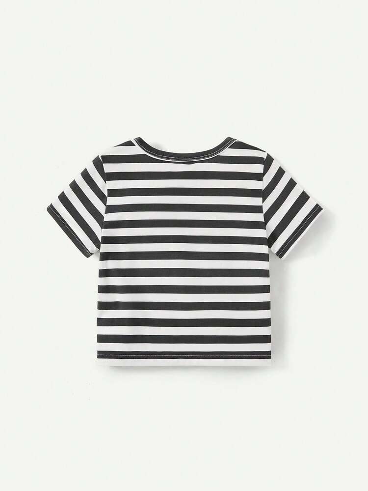 Baby Boy's Letter & Stripe Pattern Short Sleeve T-Shirt Set With Round Neck