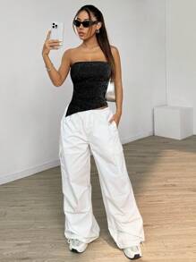 SHEIN EZwear Top de bandeau asimétrico de verano para mujer con dobladillo plisado brillante y abertura lateral, casual