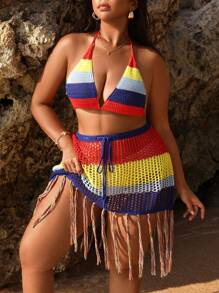 SHEIN Swim Curve Plus Size Color-Block Backless Halter Top With Knotted Neckline And Fringe Hem Matching Set Summer