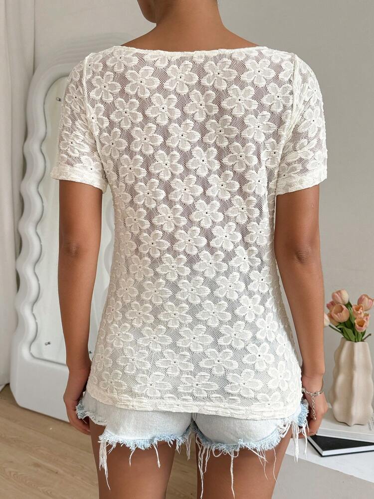 Women Summer Holiday Casual Solid Color Hollow Out Flower Embroidery Short Sleeve Top