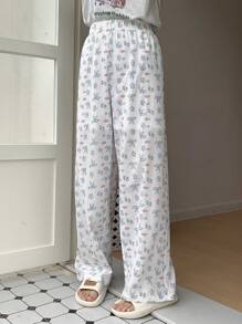 DAZY Dames slaapbroekje met schattig konijntje en kleine bloemprint