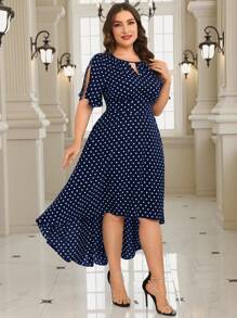 SHEIN Clasi Đầm viền bất đối xứng in họa tiết chấm bi cỡ lớn thanh lịch cho mùa Xuân/Hè - Màu xanh hải quân - Xem 5