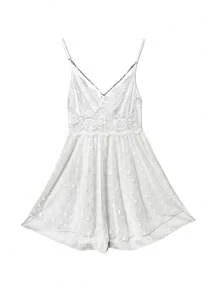 Ladies' Lace Contrast Mesh, Rhinestone & Chain Decoration Sleeveless Pajama Night Dress