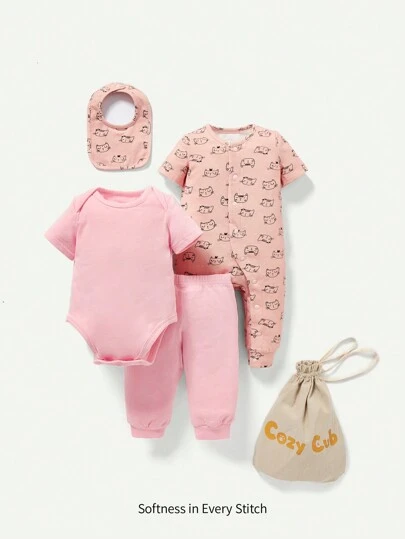 Cozy Pixies Newborn Baby Solid Bodysuit & Cartoon Graphic Bodysuit & Sweatpants & Bib & Storage Bag