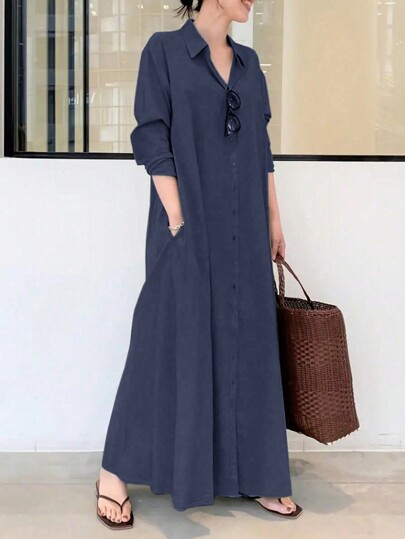 Women's Fashion Solid Color Long Sleeve Shirt Dress
