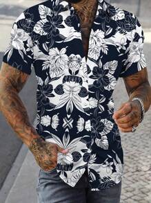 Chemise à manches courtes boutonnée avec imprimé floral pour homme pour l'été - Bleu azur - Voir 3