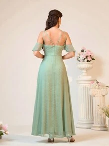 SHEIN Belle Elegant Sage Green Spring Wedding Bridesmaid Dress,Jacquard Sweetheart Neckline Ruffle Sleeves High Side Slit Double Shoulder Straps Music Festival - Green - View 4