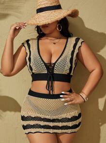 Swim Lushoire Conjunto de cubierta tejida de talla grande con parte superior y falda entrecruzada y hueca de bloque de color