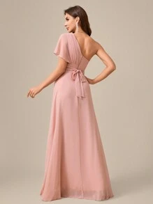 Solid Color Asymmetric Neckline Ruched Waist Tie High Slit Chiffon Oblique Shoulder Bridesmaid Dress - Dusty Pink - View 2