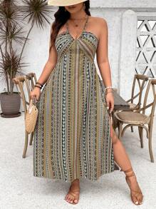 SHEIN Holidaya Plus Size Nữ Mùa Hè In Hoa Phong Cách Kỳ Nghỉ Đầm Xẻ Dài Bên Hông - màu xanh lá - Xem 1