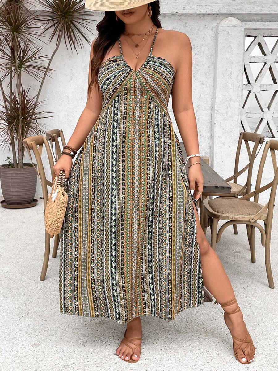 SHEIN Holidaya Plus Size Nữ Mùa Hè In Hoa Phong Cách Kỳ Nghỉ Đầm Xẻ Dài Bên Hông - màu xanh lá - Xem 1