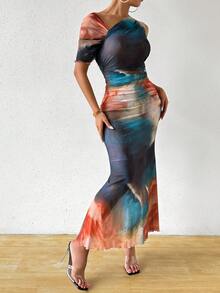 Chiquease Vestido sexy de malla impreso con mangas asimétricas y cinturón para ajustar en la cintura - Multicolor - Ver 5