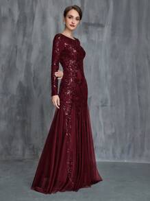 Women's Mermaid Hem Contrast Mesh Sequin Formal Dress - Burgundy - View 7