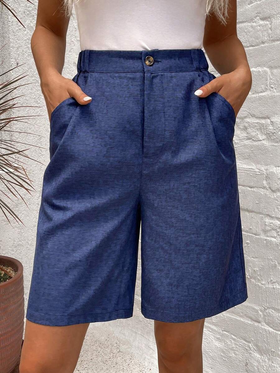 SHEIN LUNE Solid Color Shorts With Slant Pocket For Summer - Dark Wash - View 1