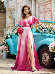 QOQ Romantic Tie-Dye Tie Dye V-Neck Wrap Front Slit Maxi Dress - Hot Pink - View 5