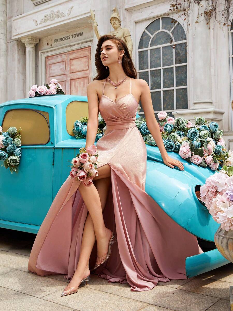 QOQ Sweet Elegant Solid Color Backless Spaghetti Strap Slit Bridesmaid Gown Dresses For Wedding, Evening Party - Baby Pink - View 1