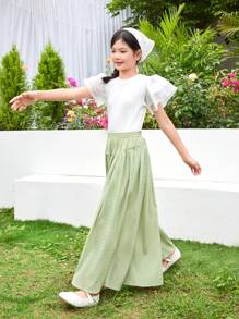 SHEIN Tween Girl Loose Casual Texture Contrast Letter Pattern Skort Design Long Pants - Mint Green - View 3